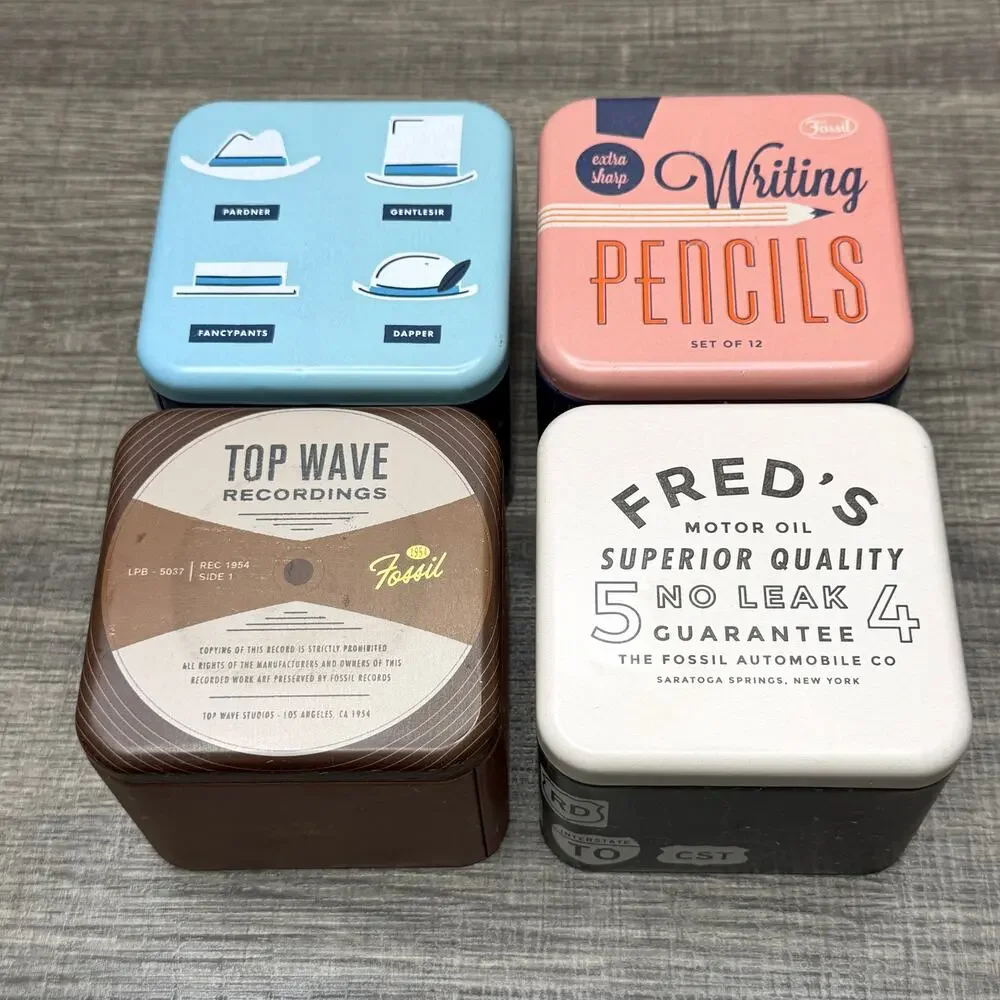 Fossil Collectible Watch Tins Lot of 4 Empty Retro Metal Boxes No Watches